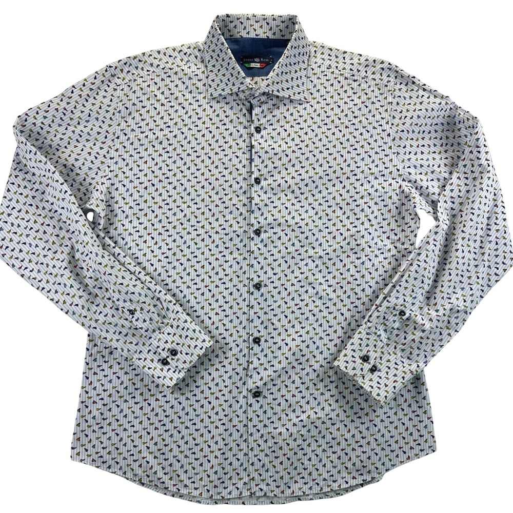 Stone Rose Mens Blue White Striped Sneaker Print Button Down Shirt Size 6 or XXL - Picture 2 of 10